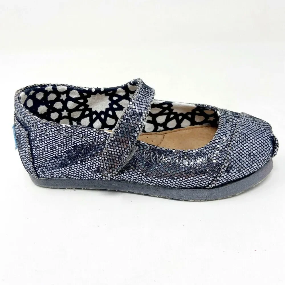 Toms Mary Jane Pewter Glitter Tiny Toddler Slip On Casual Canvas Flat Shoes